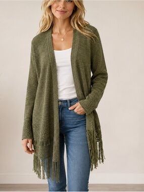 Michael Kors Women's Size M Safari Green Open Fringe Cardigan Wrap Sweater NWT